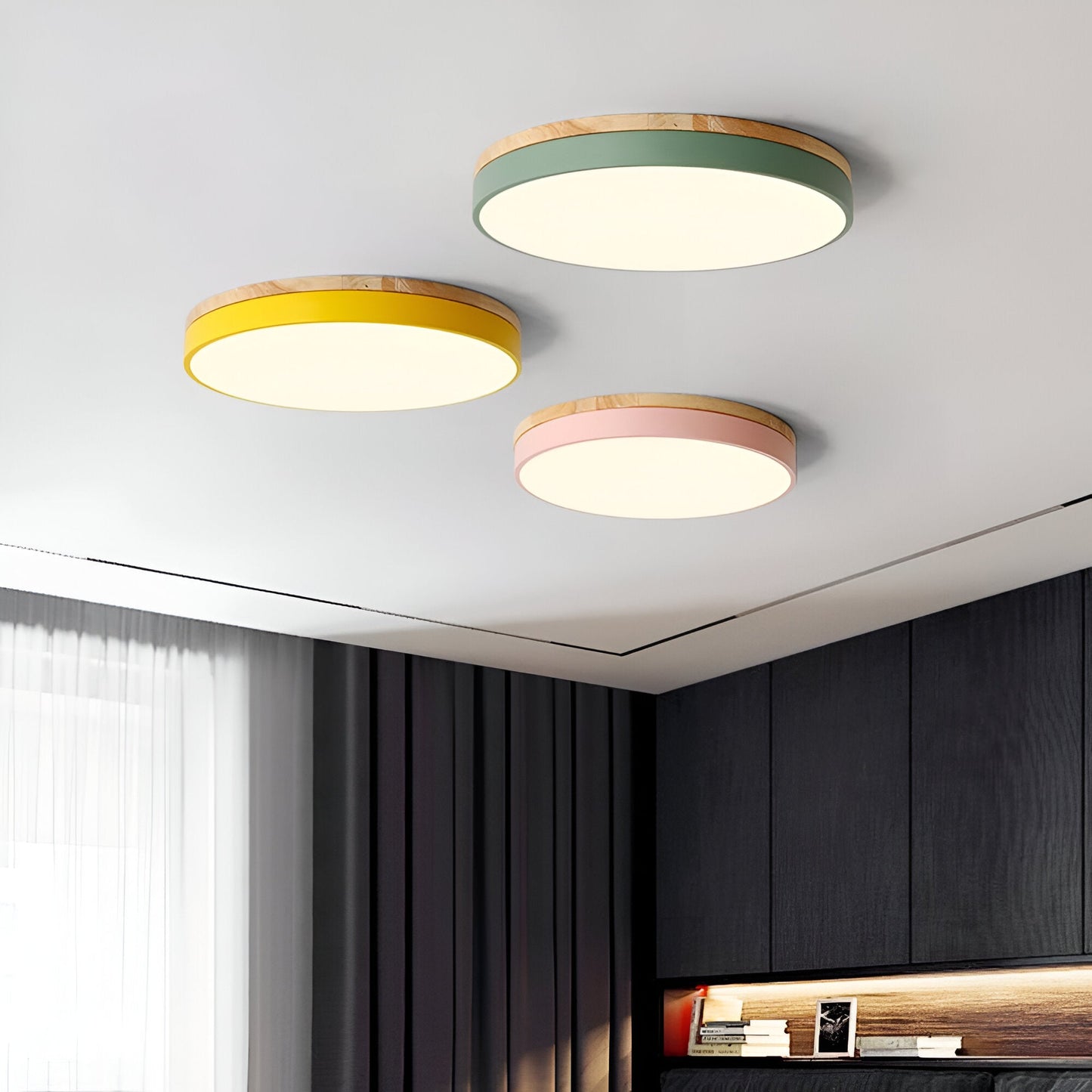 Nordic Minimalist Round Flush Mount Ceiling Light – Adjustable Brightness LED Ceiling Light Fixture in Acrylic and Wood Design 1