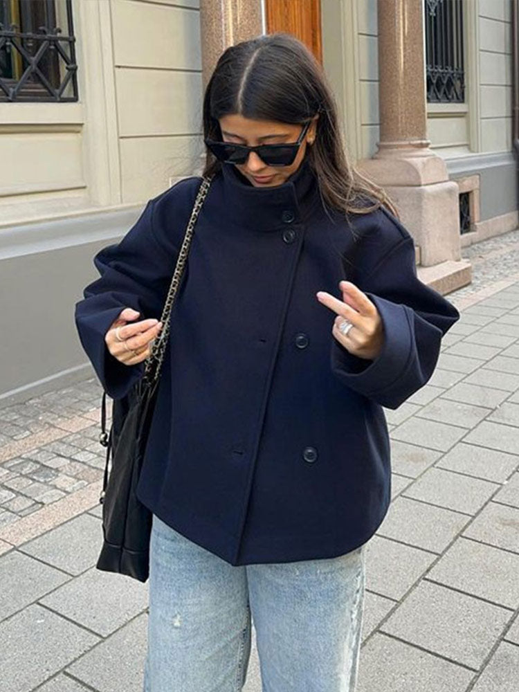 Black Wool Coat for Women | Elegant Short Double-Breasted Design 0