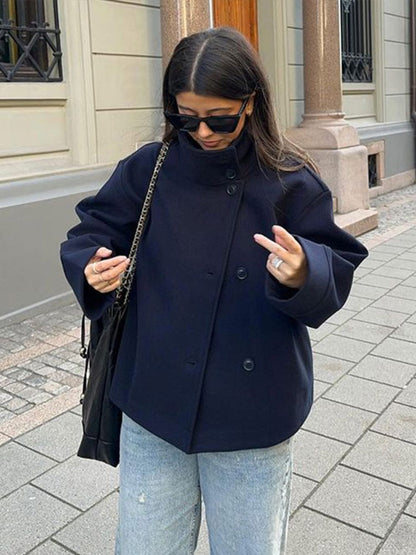 Black Wool Coat for Women | Elegant Short Double-Breasted Design 0