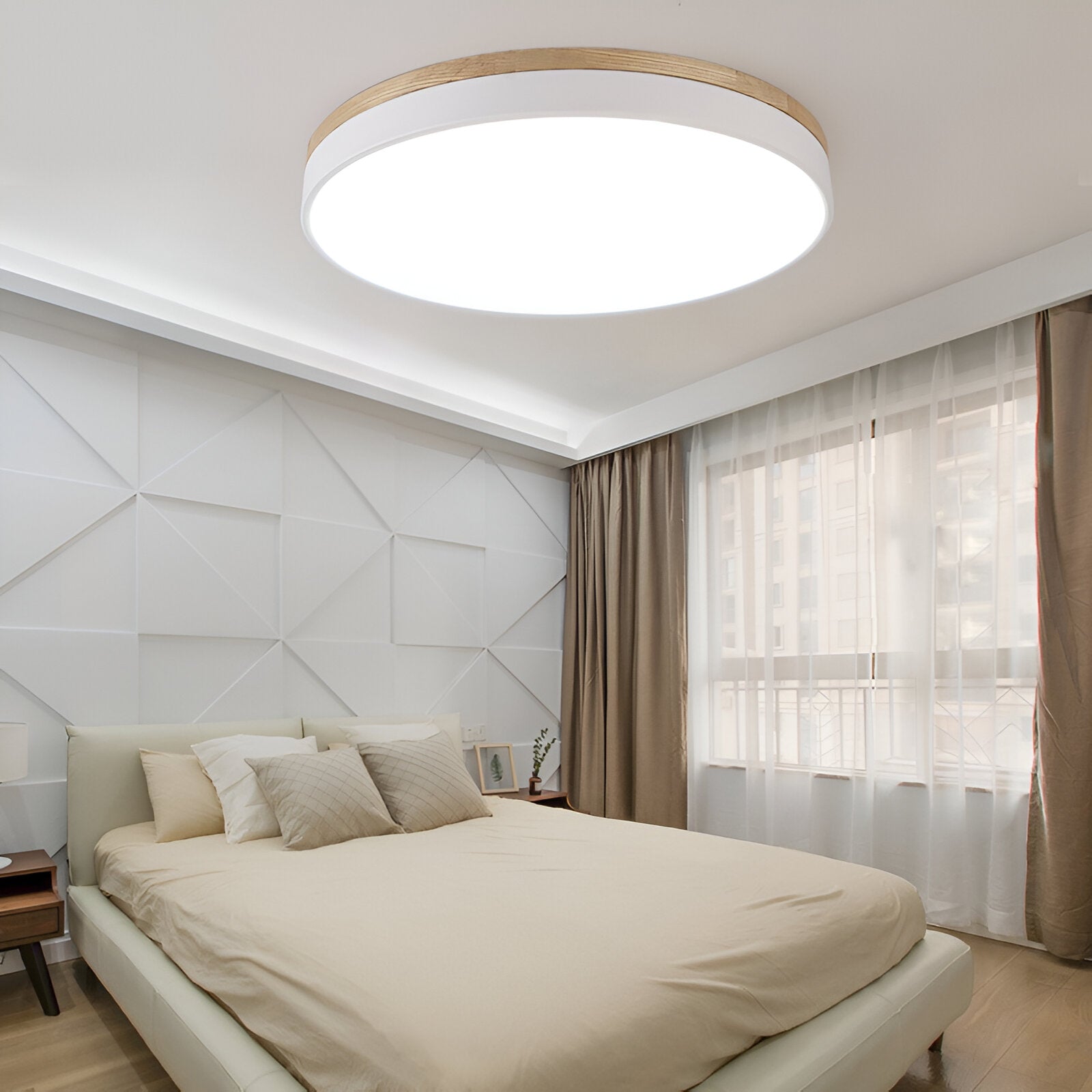 Nordic Minimalist Round Flush Mount Ceiling Light – Adjustable Brightness LED Ceiling Light Fixture in Acrylic and Wood Design 2