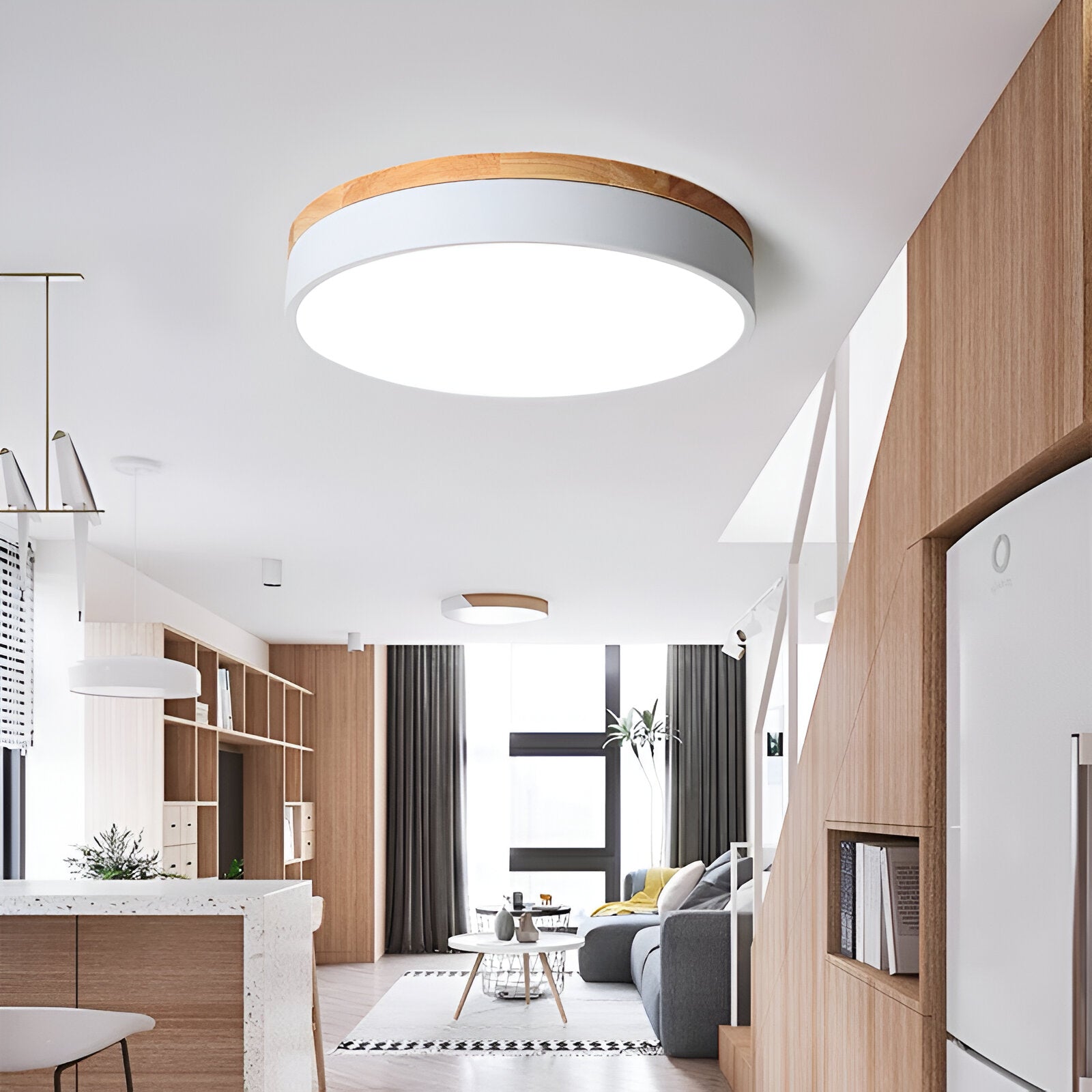 Nordic Minimalist Round Flush Mount Ceiling Light – Adjustable Brightness LED Ceiling Light Fixture in Acrylic and Wood Design 3